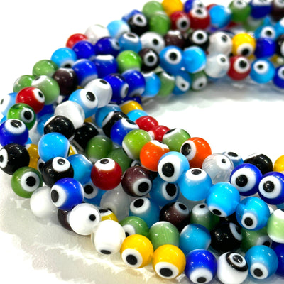 Evil Eye Beads, Strand of 48, Round Glass, 8mm Glass Beads,  Lampwork Glass, Evil Eye Jewelry, Lampwork Beads, UK Beading Supply