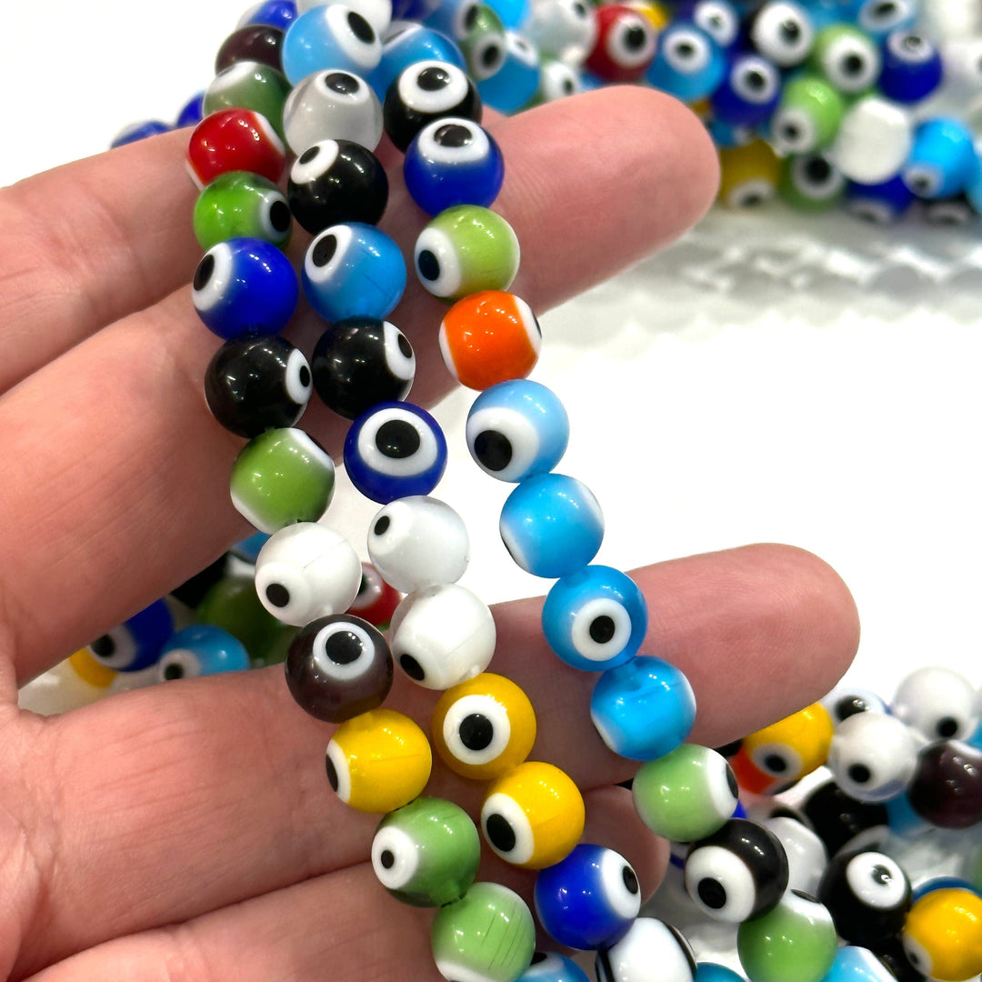 Evil Eye Beads, Strand of 48, Round Glass, 8mm Glass Beads, Lampwork Glass, Evil Eye Jewelry, Lampwork Beads, UK Beading Supply