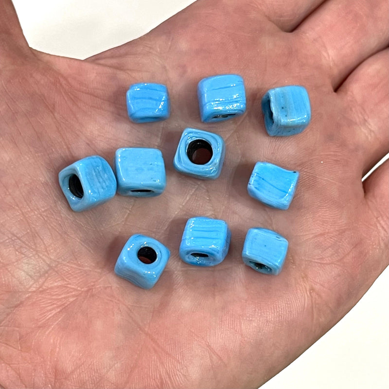 Hand Made Glass Cube Beads, Large Hole Traditional Lampwork Glass Beads, 10 Beads-BLUE