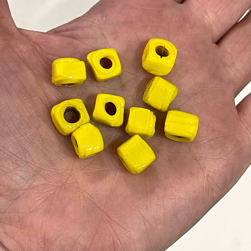 Hand Made Glass Cube Beads, Large Hole Traditional Lampwork Glass Beads, 10 Beads-YELLOW