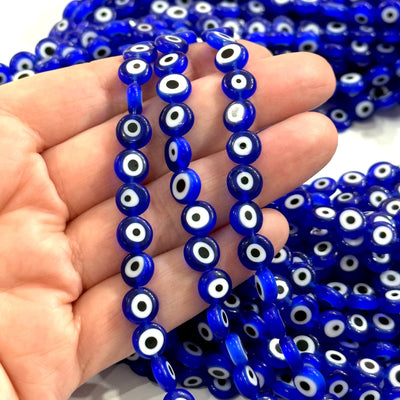 Evil Eye Beads, Strang von 48, flach rund, 8 mm Glasperlen, Lampwork Glas, Evil Eye Schmuck, Lampwork Perlen, UK Beading Supply