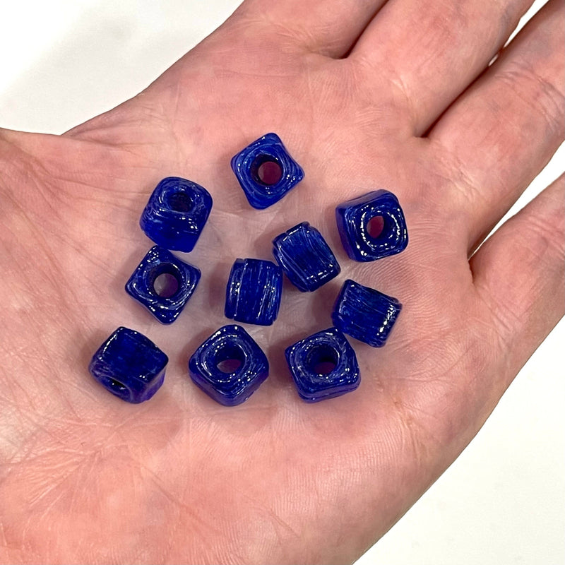 Hand Made Glass Cube Beads, Large Hole Traditional Lampwork Glass Beads, 50 Beads-NAVY