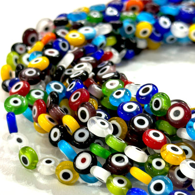Evil Eye Beads, Strand of 48, Flat Round, 8mm Glass Beads, Lampwork Glass, Evil Eye Jewelry, Lampwork Beads, UK Beading Supply