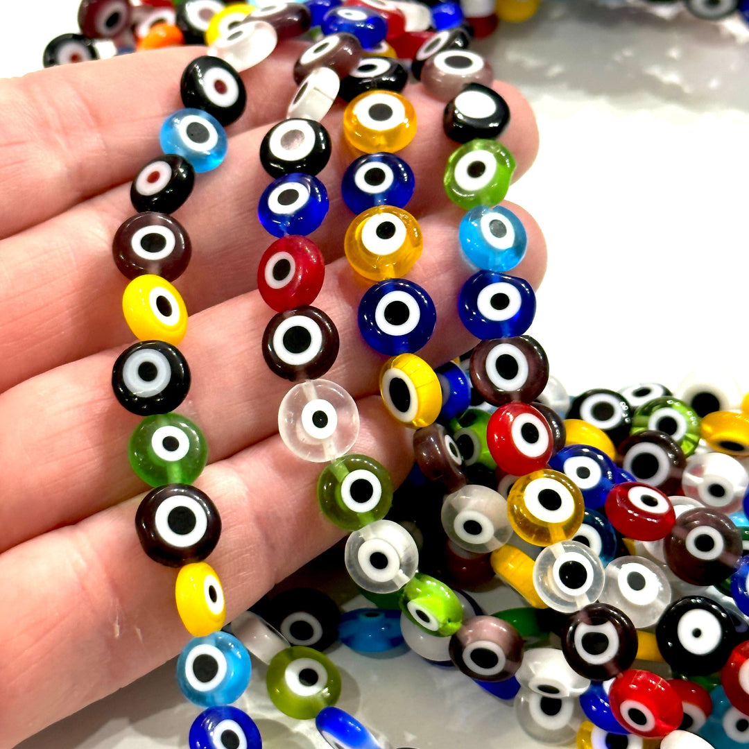 Evil Eye Beads, Strand of 48, Flat Round, 8mm Glass Beads, Lampwork Glass, Evil Eye Jewelry, Lampwork Beads, UK Beading Supply