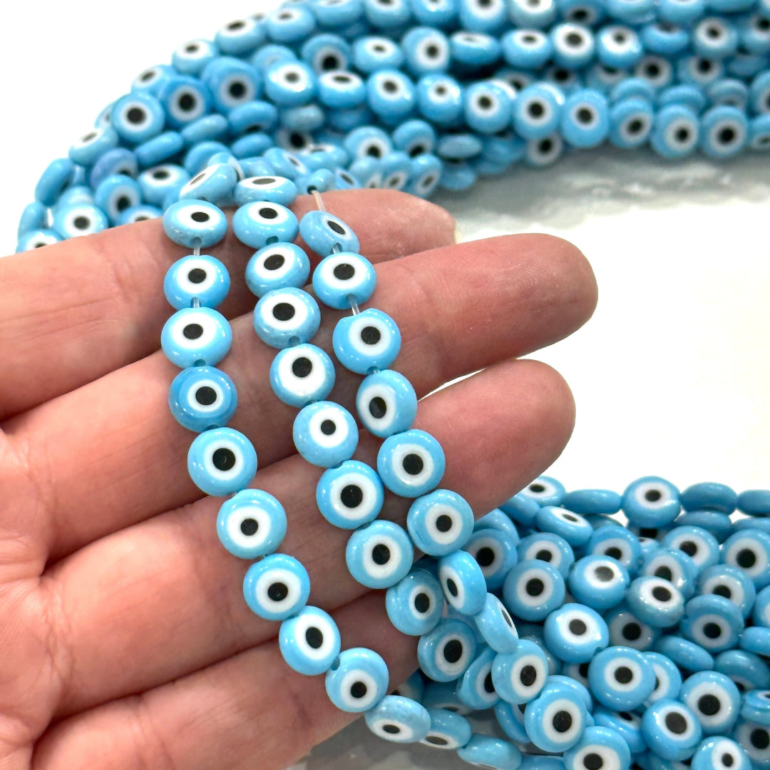 Evil Eye Beads, Strand of 48, Flat Round, 8mm Glass Beads, Lampwork Glass, Evil Eye Jewelry, Lampwork Beads, UK Beading Supply