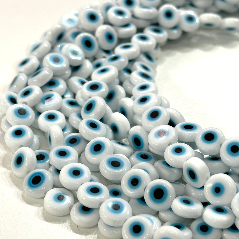 Evil Eye Beads, Strand of 48, Flat Round, 8mm Glass Beads, Lampwork Glass, Evil Eye Jewelry, Lampwork Beads, UK Beading Supply
