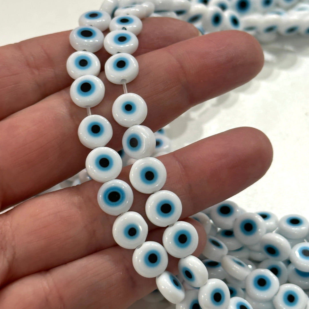 Evil Eye Beads, Strand of 48, Flat Round, 8mm Glass Beads, Lampwork Glass, Evil Eye Jewelry, Lampwork Beads, UK Beading Supply