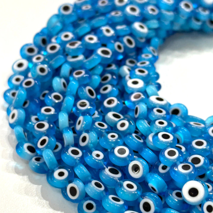Evil Eye Beads, Strand of 48, Flat Round, 8mm Glass Beads, Lampwork Glass, Evil Eye Jewelry, Lampwork Beads, UK Beading Supply