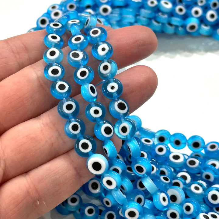 Evil Eye Beads, Strand of 48, Flat Round, 8mm Glass Beads, Lampwork Glass, Evil Eye Jewelry, Lampwork Beads, UK Beading Supply