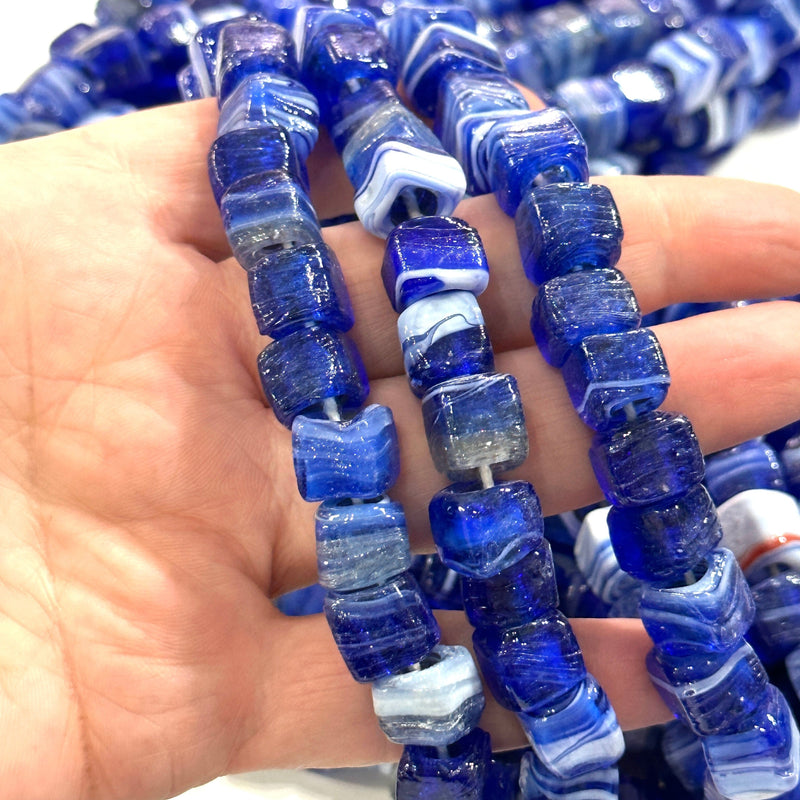 Traditional Turkish Artisan Handmade Cube Glass Beads, Large Hole Glass Beads, 25 Beads in a pack