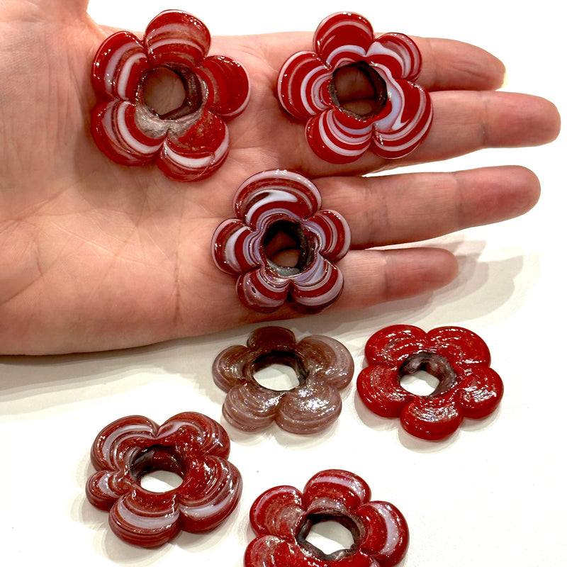 Artisan Handmade Chunky Marbled Glass Flower Beads, Size Between 35 - 40mm, 5 pcs in a pack