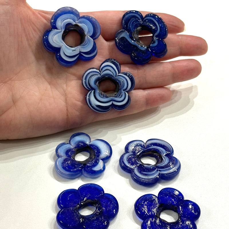 Artisan Handmade Chunky Marbled Glass Flower Beads, Size Between 35 - 40mm, 5 pcs in a pack