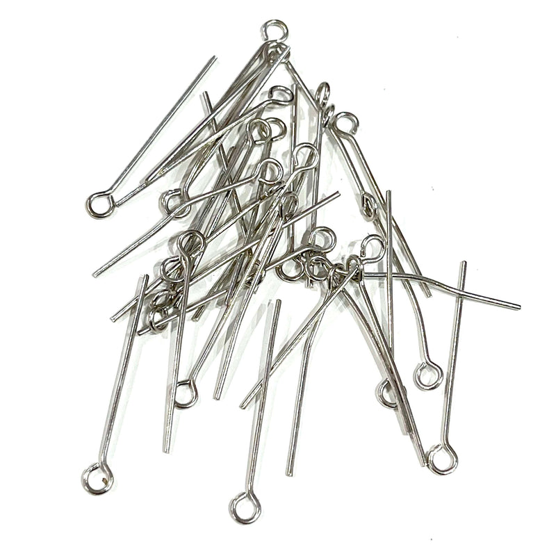 30mm Rhodium Plated Brass Eye pins, 0.7mm by 30mm, Rhodium Eye Pins 30mm