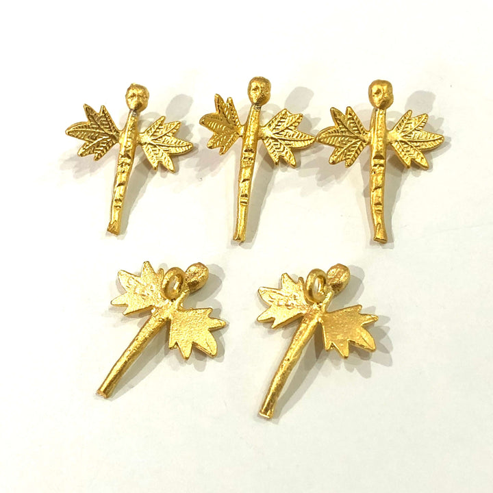 24Kt Matte Gold Plated 21mm Brass Dragonfly Charms, 5 pcs in a pack
