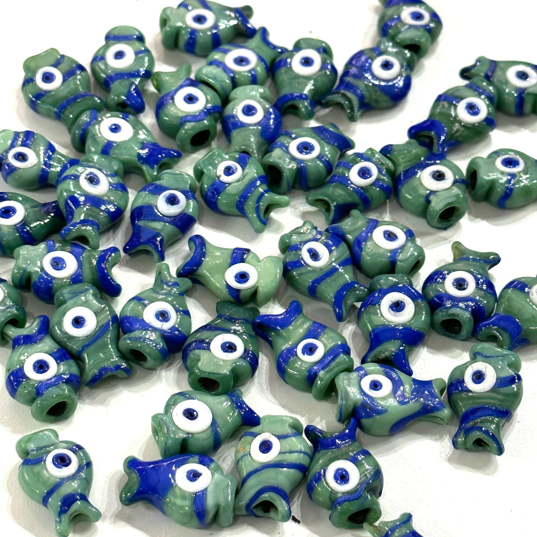 Turkish Artisan Hand Made Glass Sea Foam&amp;Navy Fish Charms, Assorted 3 pcs in a pack