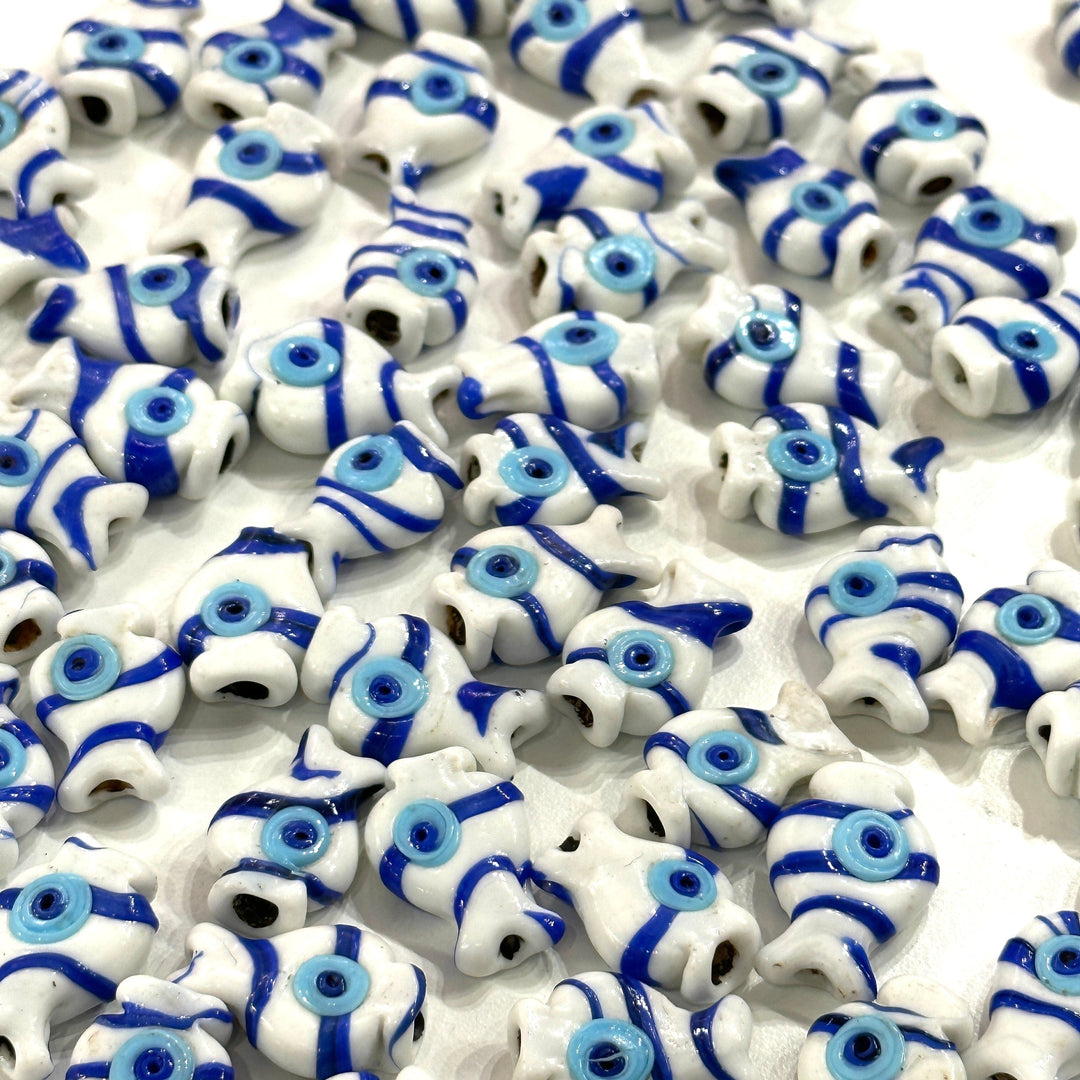 Turkish Artisan Hand Made Glass Blue&amp;White Fish Charms, Assorted 3 pcs in a pack