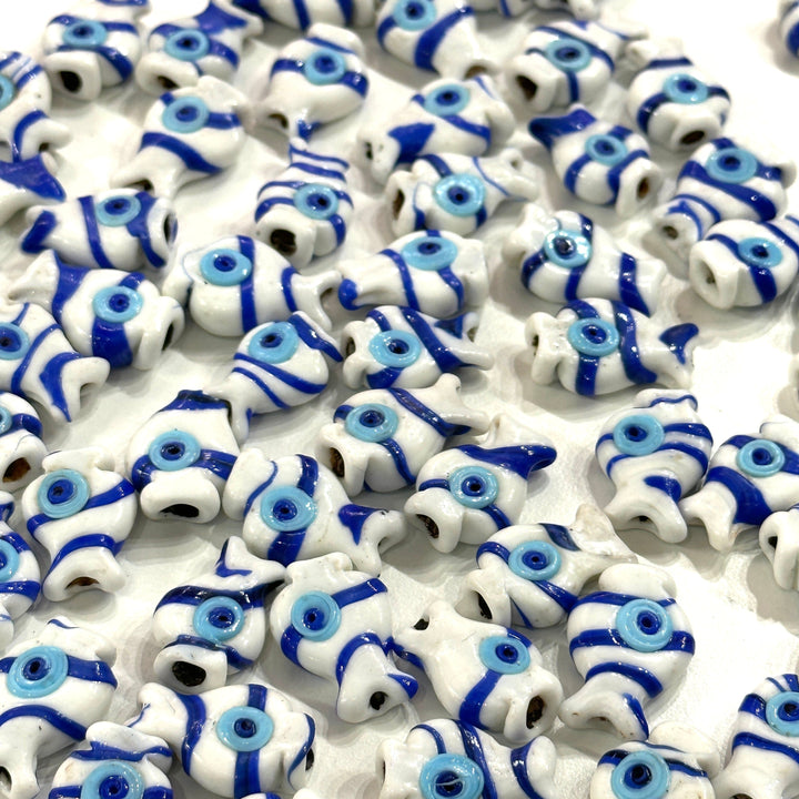 Turkish Artisan Hand Made Glass Blue&amp;White Fish Charms, Assorted 3 pcs in a pack