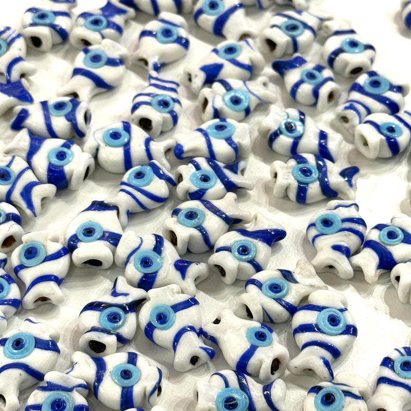 Turkish Artisan Hand Made Glass Blue&White Fish Charms, Assorted 3 pcs in a pack