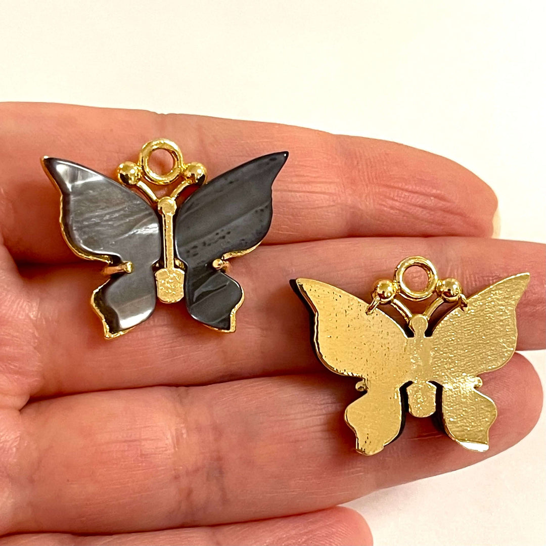 24Kt Gold Plated Brass Hand Made Smoky Grey Resin Butterfly Charms, 29x23mm