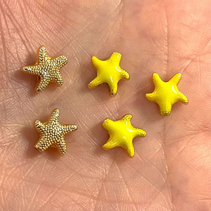 24Kt Gold Plated Neon Yellow Enamelled Starfish Spacer Charms, 5 pcs in a pack
