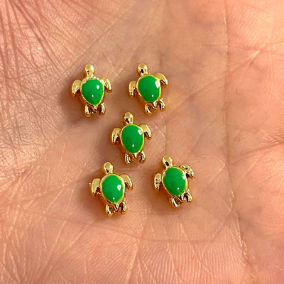 24Kt Gold Plated Neon Green Enamelled Brass Turtle Spacer Charms, Gold Turtle Charms,