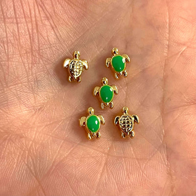 24Kt Gold Plated Neon Green Enamelled Brass Turtle Spacer Charms, Gold Turtle Charms,