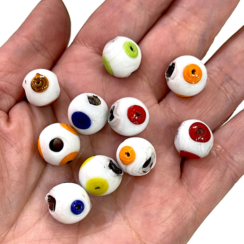 Traditional Turkish Artisan Handmade Round Evil Eye Glass Beads, Large Hole Glass Beads, 10 Beads in a pack