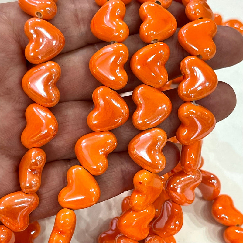 Hand Made Ceramic Horizontal Hole Orange Heart  Charms, 5 pcs in a pack