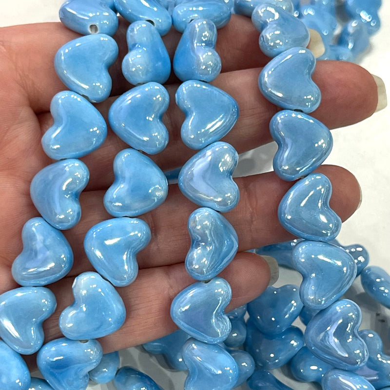 Breloques en forme de cœur bleu à trou horizontal en céramique faites à la main, 5 pièces dans un paquet