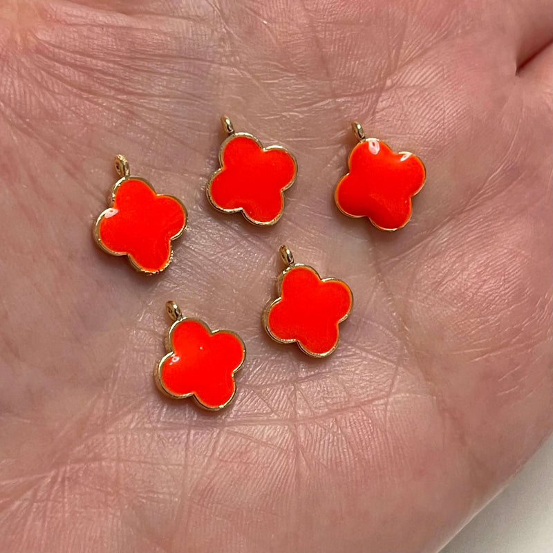 24Kt Gold Plated Neon Orange Enamelled Clover Charms, 5 pcs in a Pack