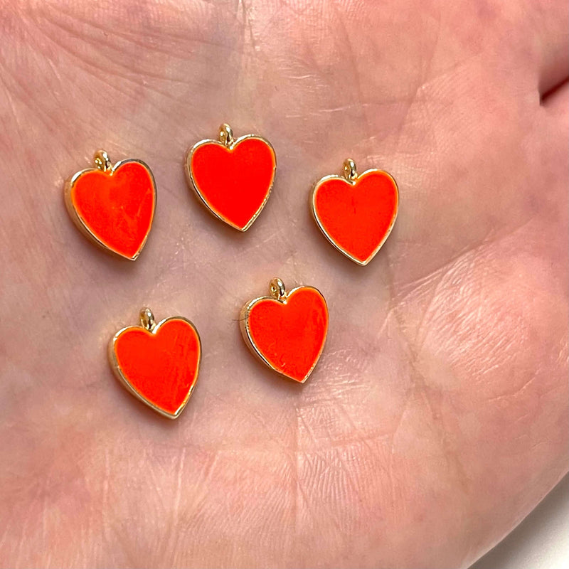 24Kt Gold Plated Neon Orange Enamelled Heart Charms, 5 pcs in a Pack