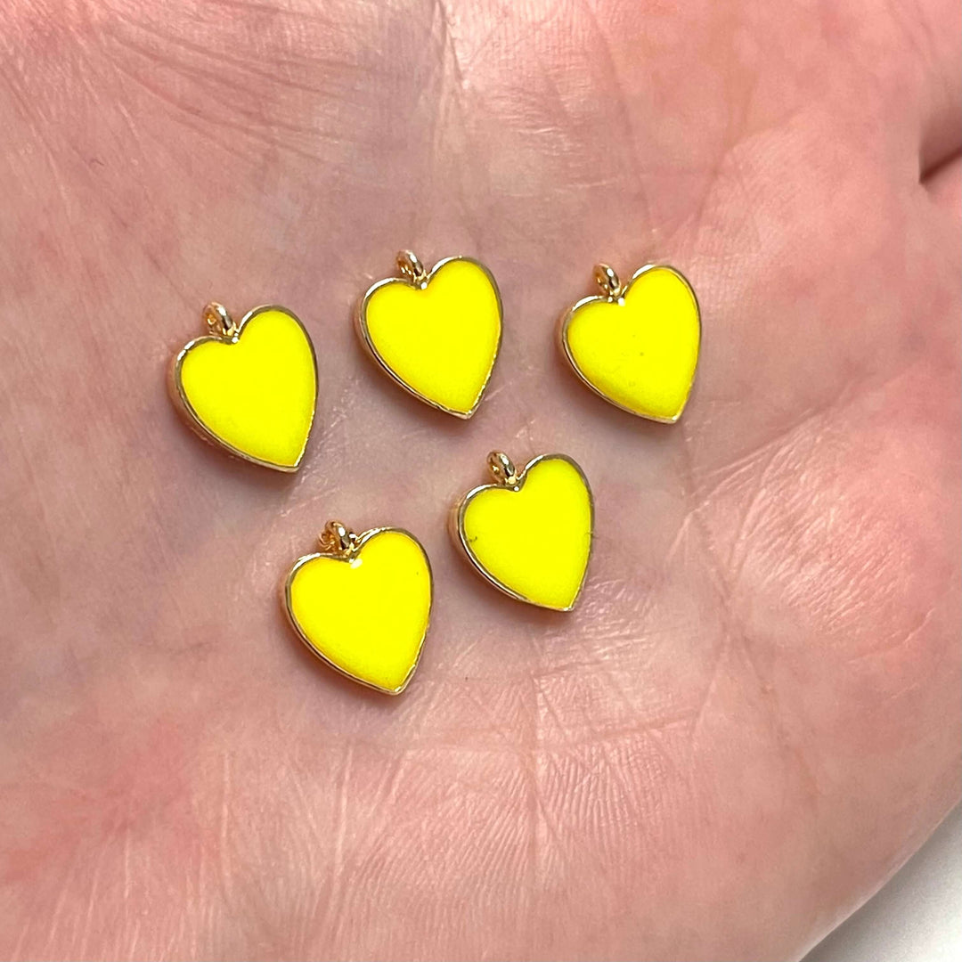 24Kt Gold Plated Neon Yellow Enamelled Heart Charms, 5 pcs in a Pack