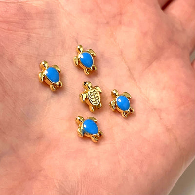 24Kt Gold Plated Blue Enamelled Brass Turtle Spacer Charms, Gold Turtle Charms,£2.5