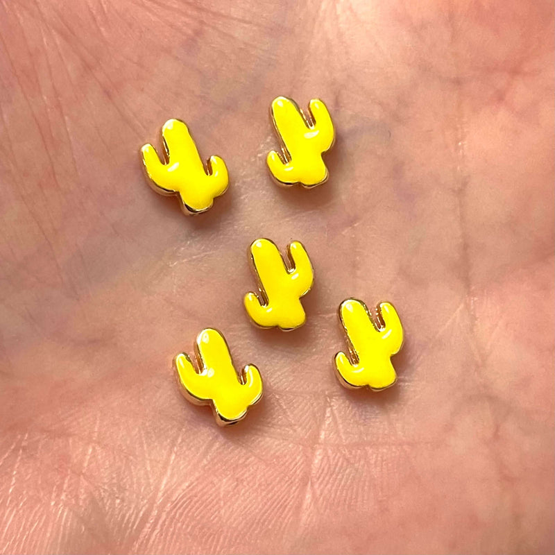 24Kt Gold Plated Neon Yellow Enamelled Cactus Spacers, 5 pcs in a pack