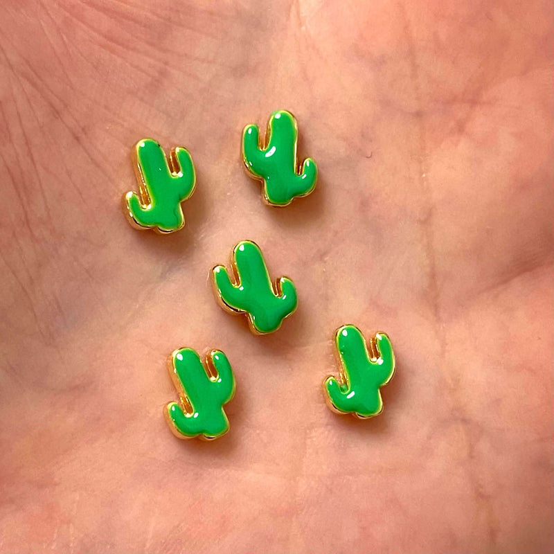 24Kt Gold Plated Neon Green Enamelled Cactus Spacers, 5 pcs in a pack
