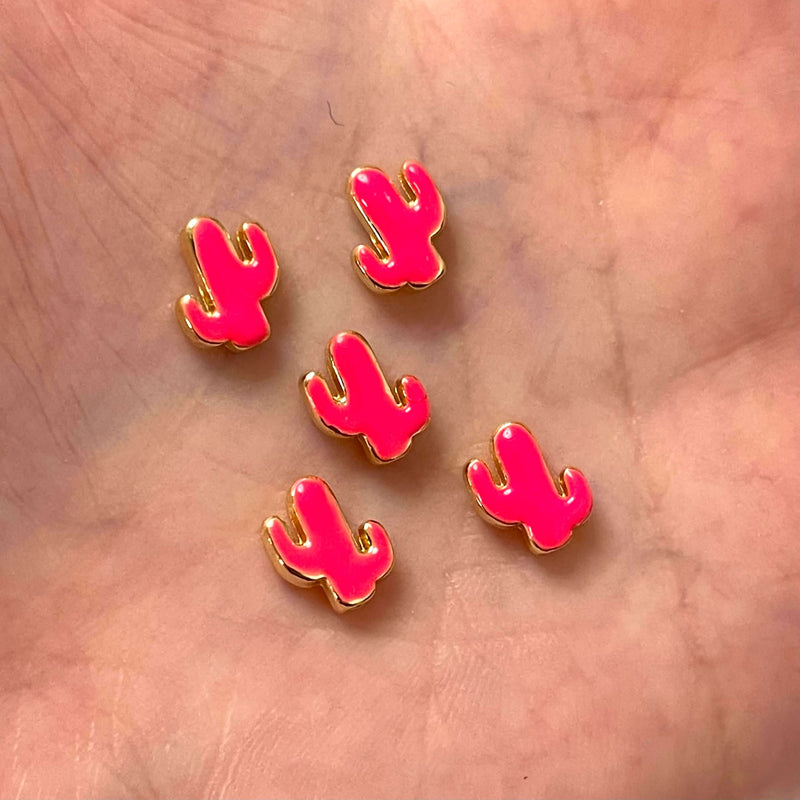 24Kt Gold Plated Neon Pink Enamelled Cactus Spacers, 5 pcs in a pack