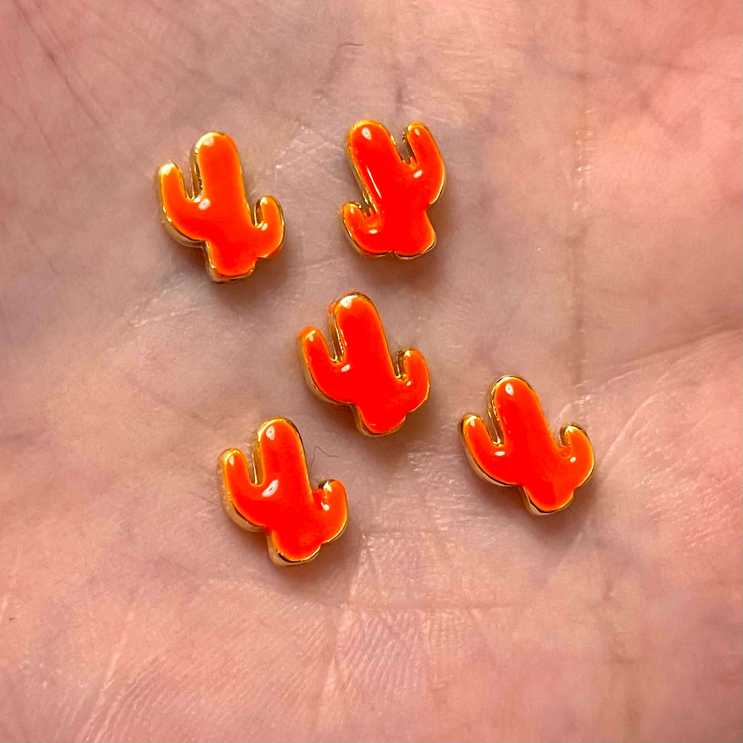 24Kt Gold Plated Neon Orange Enamelled Cactus Spacers, 5 pcs in a pack