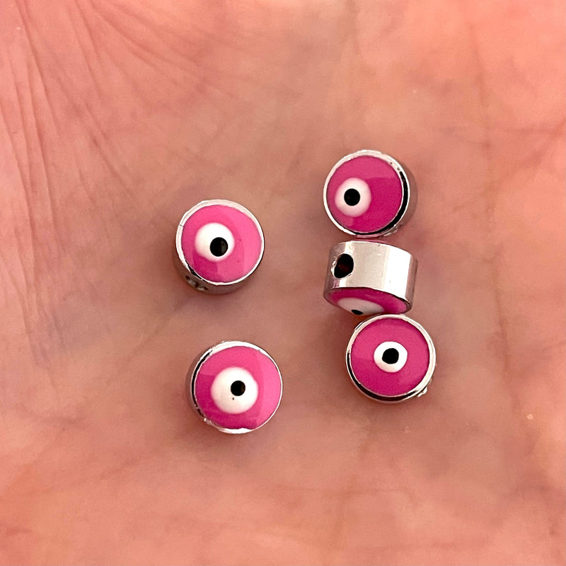 7mm Silver Plated Evil Eye Beads, 8mm Silver Plated Evil Eye Spacers, 5 Pcs in a Pack