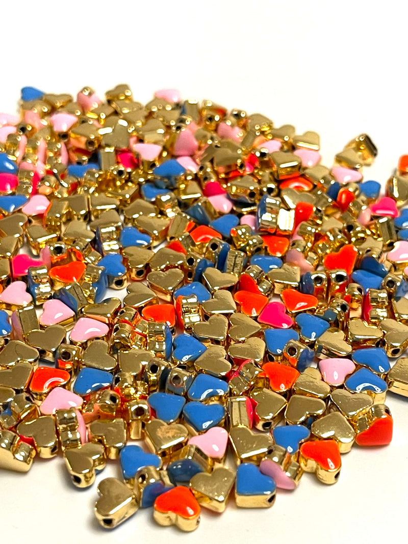 24Kt Shiny Gold Plated Pink Enamelled Heart Spacer Charms, 5 pcs in a pack