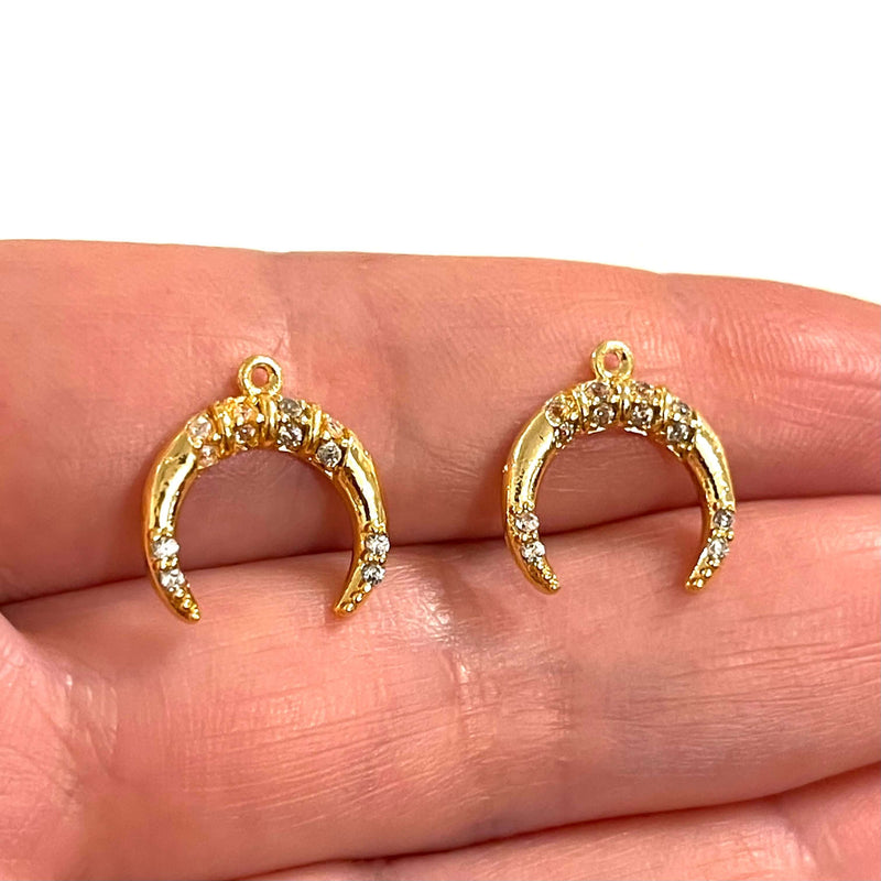 24Kt Gold Plated Micro Pave Brass Crescent Charms, Gold Horn Charms, 2 pcs in a pack