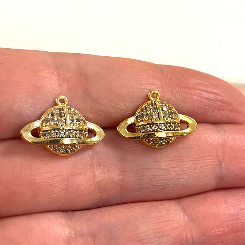 24Kt Gold Plated Micro Pave Brass Saturn Planet Charms, Gold Saturn Charms, 1 pcs in a pack