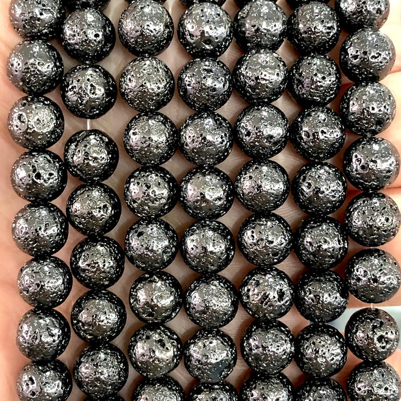 Lavasteinperlen, galvanisiert, metallischer Lavastein, Lavaperlen 8 mm, 46 Perlen