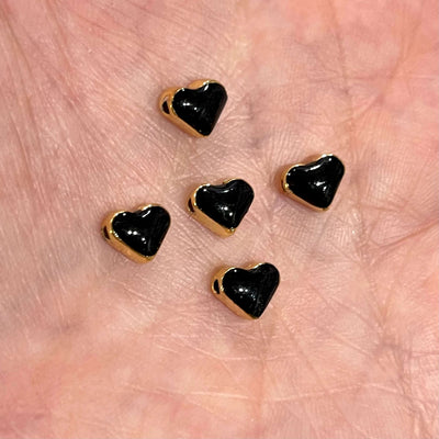 24Kt Shiny Gold Plated Black Enamelled Heart Spacer Charms, 5 pcs in a pack