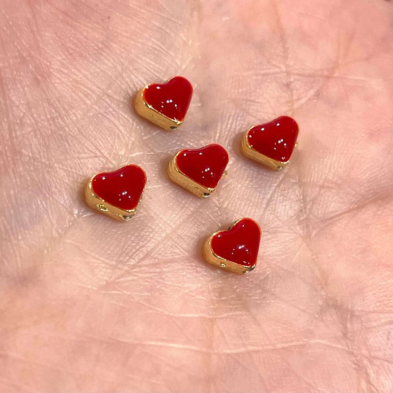 24Kt Shiny Gold Plated Red Enamelled Heart Spacer Charms, 5 pcs in a pack