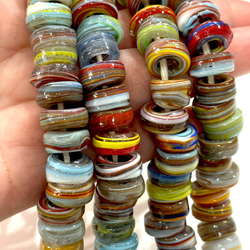 Turkish Artisan Hand Made Marbled Glass Large Ring Beads, 25 Beads in a pack