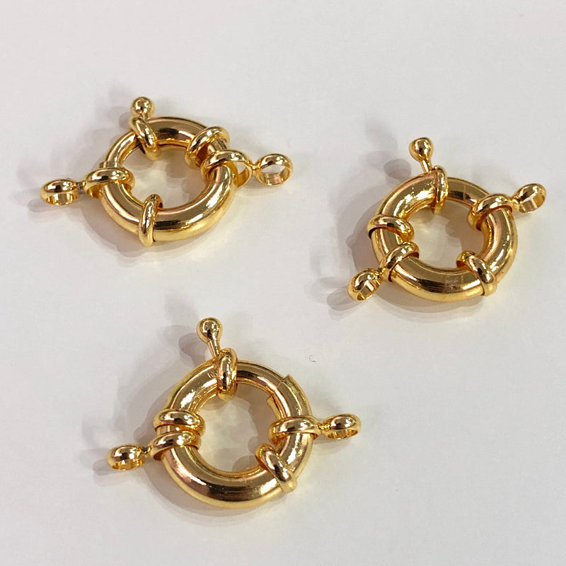 Gold Spring Ring Clasp with Loops, 15mm Gold Plated Spring Clasp, Gold Trigger Clasp,
