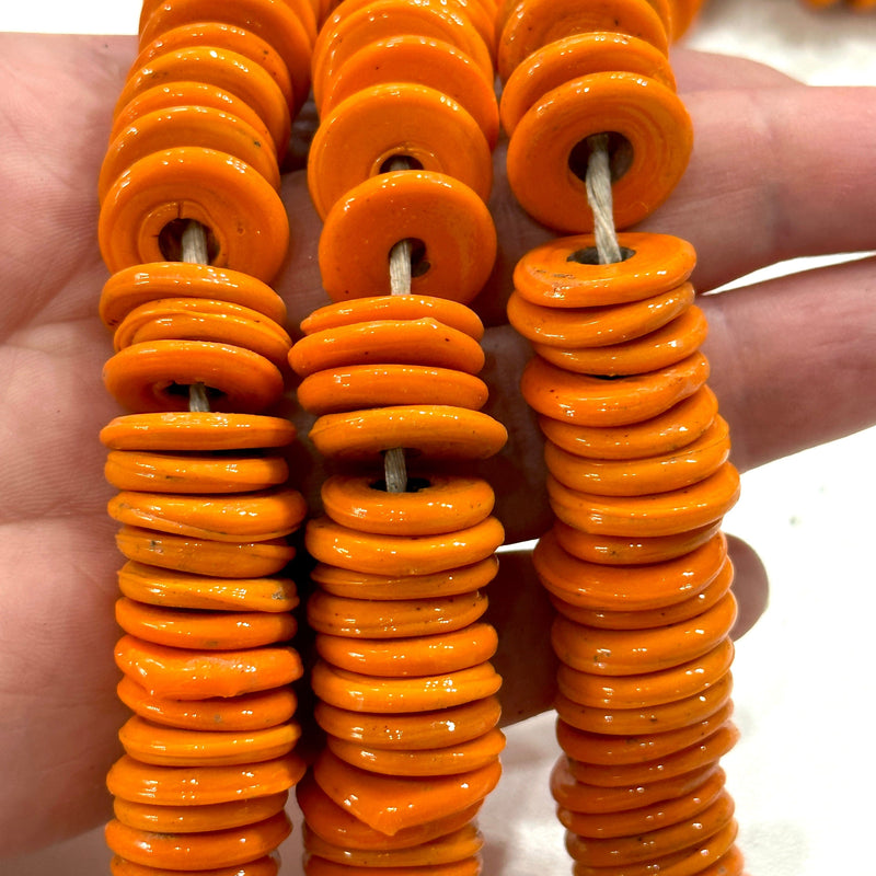 Turkish Artisan Hand Made Orange Glass Large Ring Beads, 50 Beads in a pack