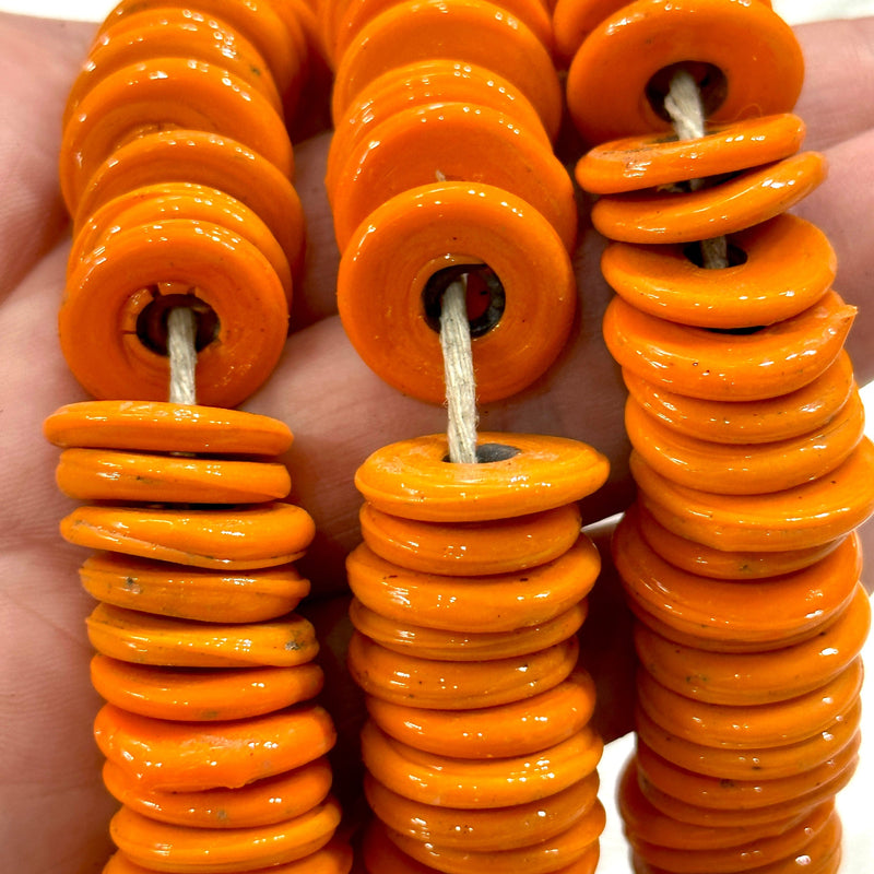 Turkish Artisan Hand Made Orange Glass Large Ring Beads, 50 Beads in a pack