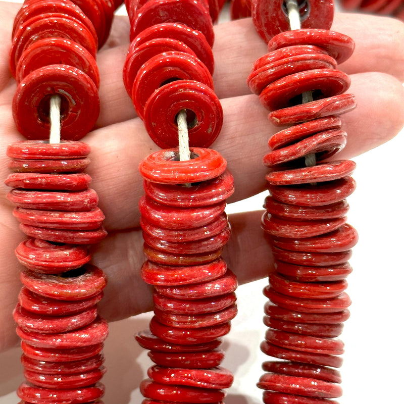 Turkish Artisan Hand Made Red Glass Large Ring Beads, 50 Beads in a pack