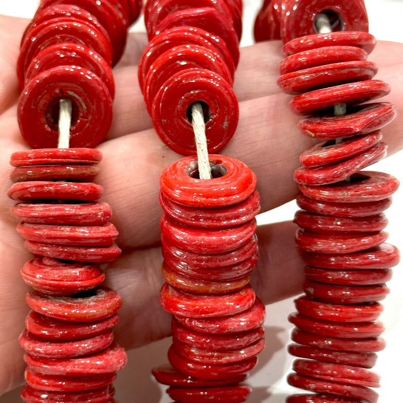 Turkish Artisan Hand Made Red Glass Large Ring Beads, 50 Beads in a pack